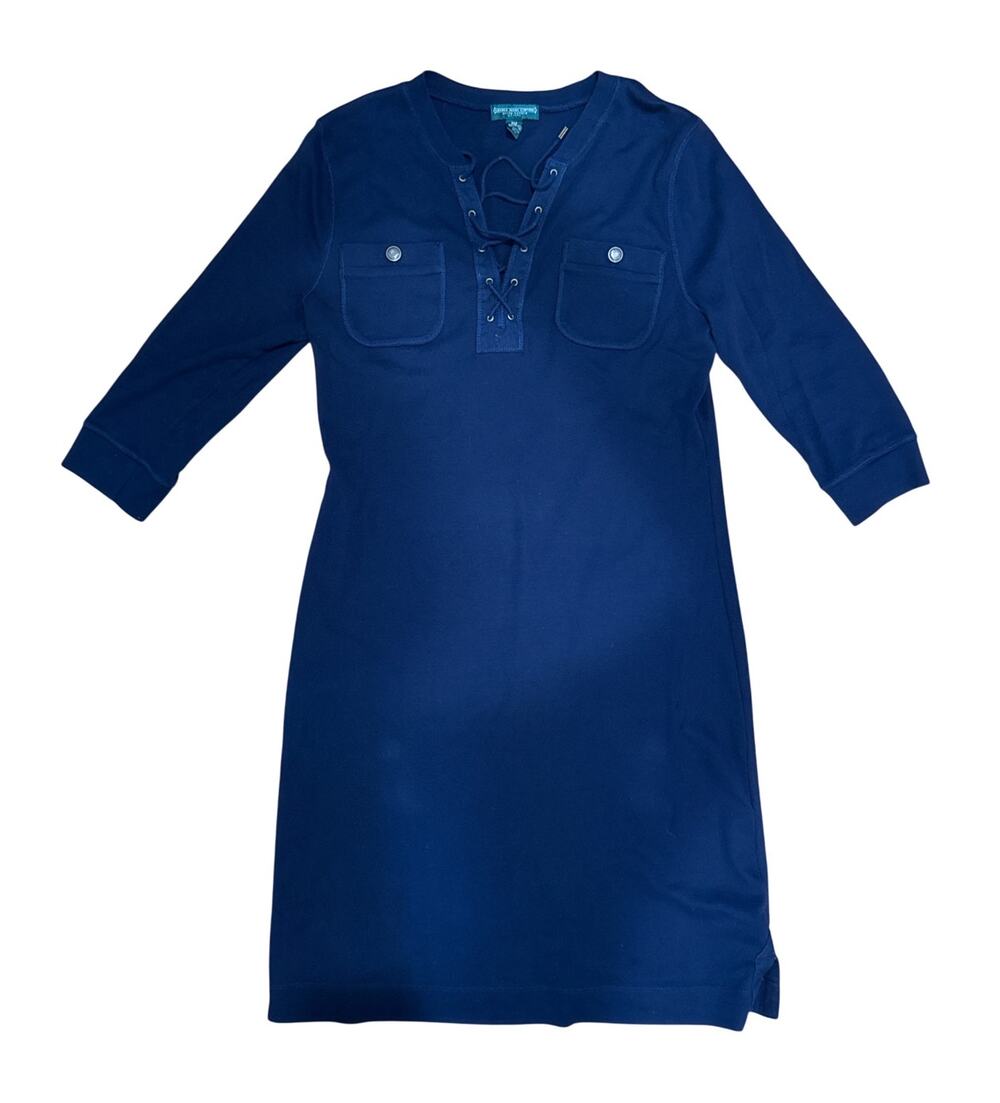 Lauren Jeans Co Ralph Lauren Dress Womens PM Navy Lace Up 3/4 Sleeve Pockets